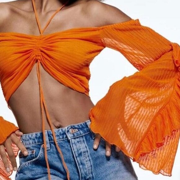 ZARA Women's Off The Shoulder Ruffled Sleeves Orange Lined Top M - Picture 1 of 10